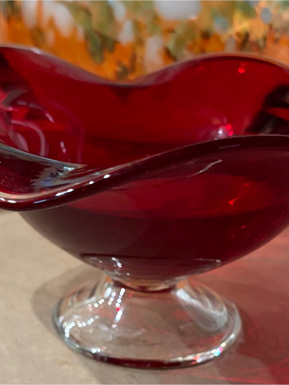 Vintage Teleflora Ruby Red Hand Blown Pedestaled Flared Round Bowl 9”